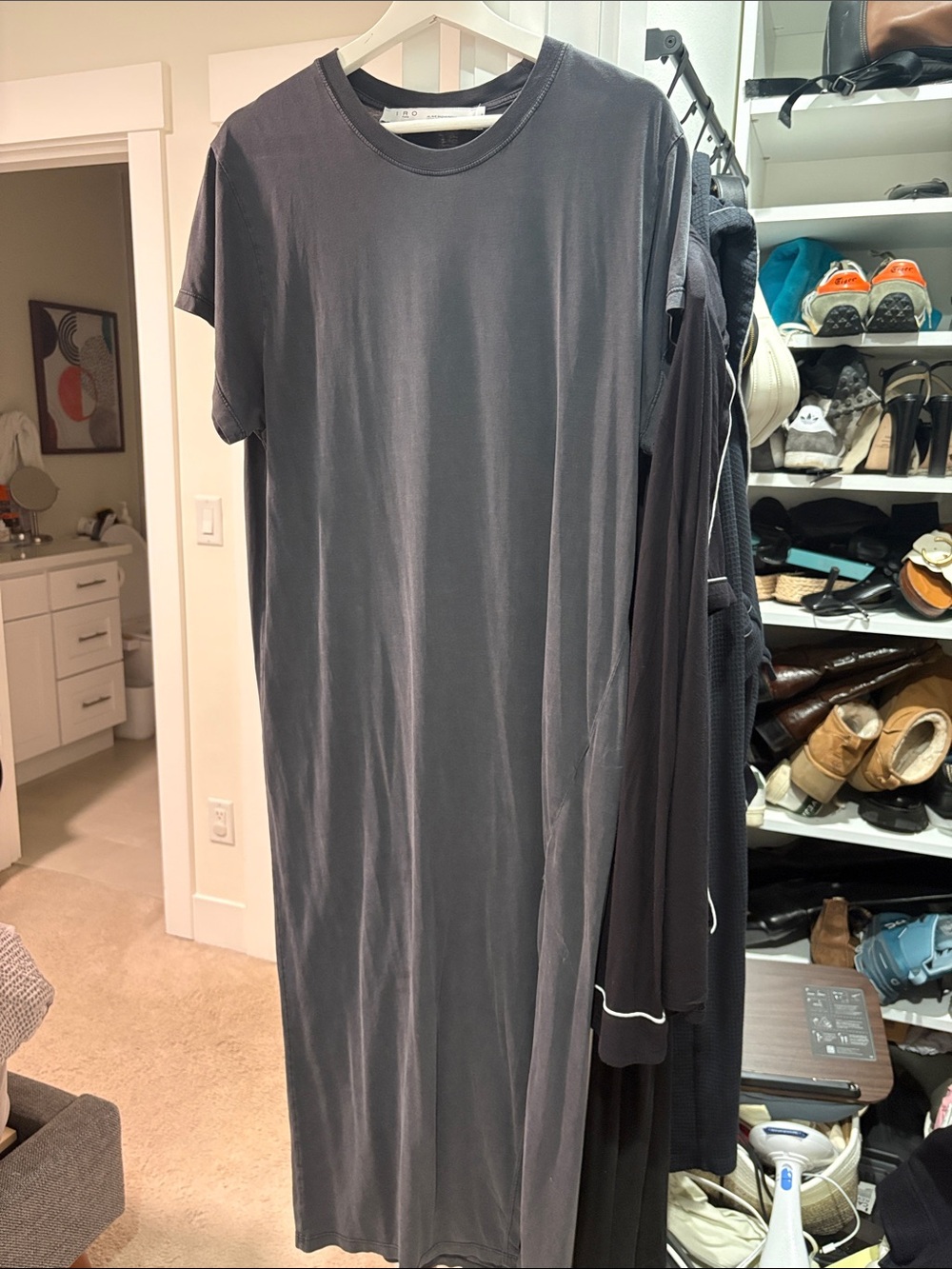 IRO Charcoal Gray Short-Sleeve Long T-Shirt Dress- as is